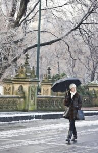 woman with an umbrella in the winter walking on a bridge